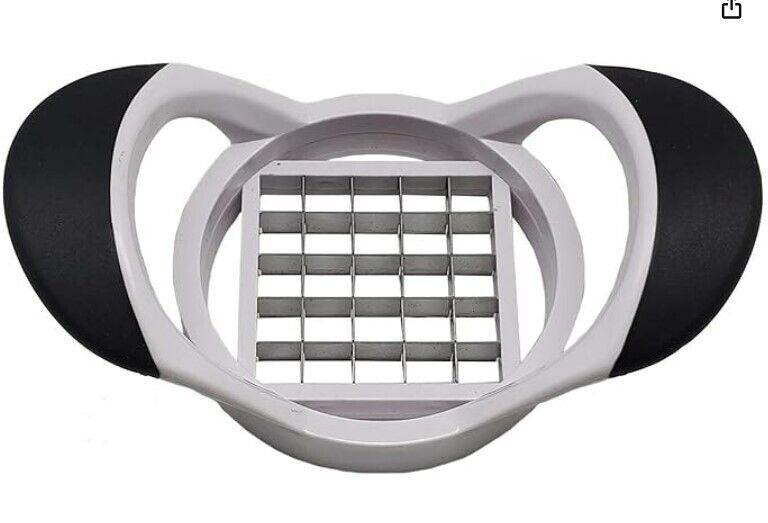 Vegetable chopper with ergonomic handles and grid design for easy slicing.