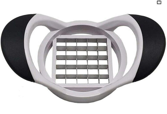 Vegetable chopper with ergonomic handles and grid design for easy slicing.