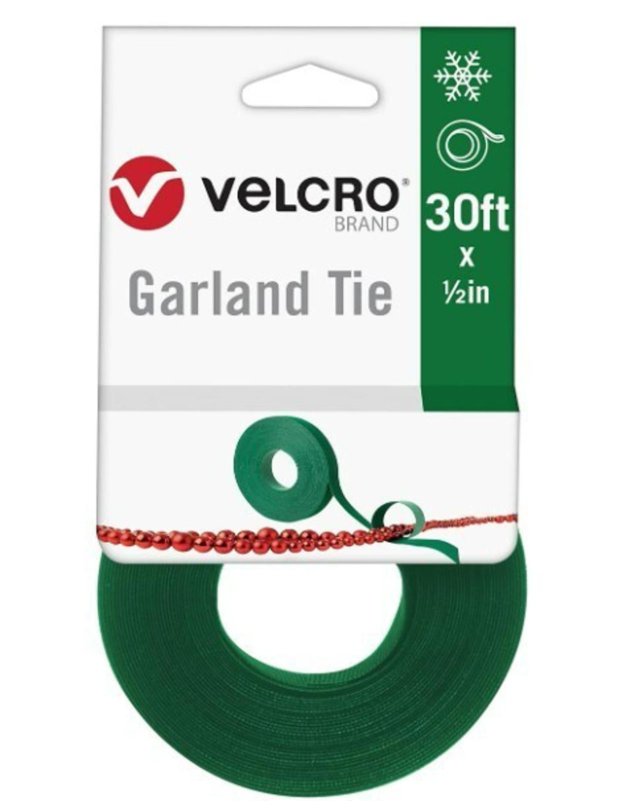 Velcro brand garland tie in green, 30ft x ½in, ideal for holiday decorations.