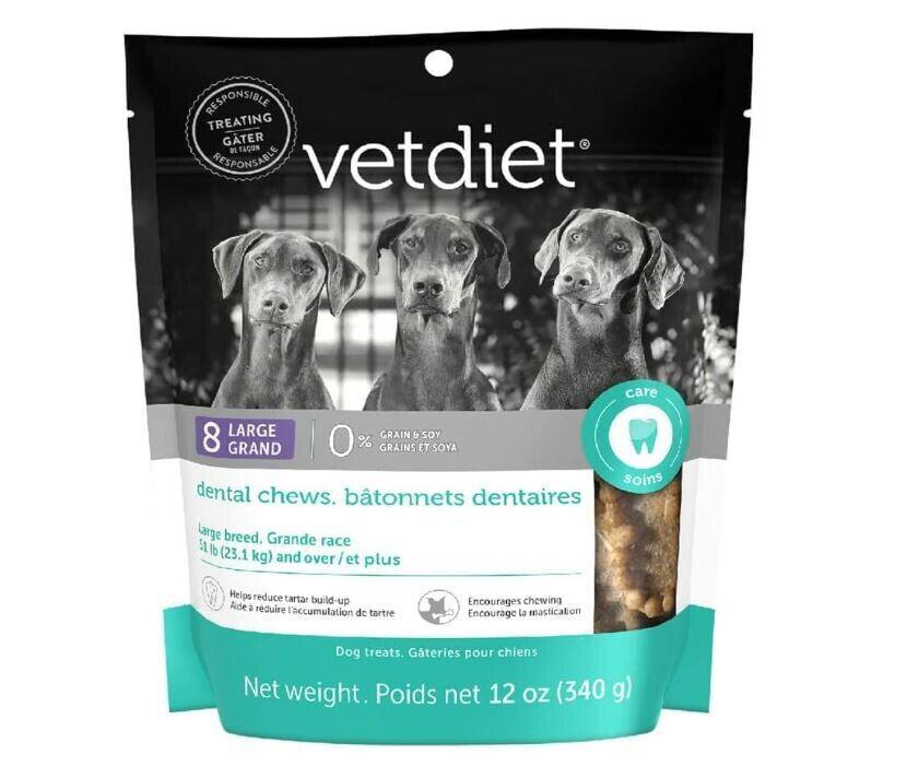 Vetdiet dental chews for large dogs, 12 oz bag featuring a dental health focus.