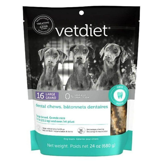 Vetdiet dental chews for large dogs, promoting oral health with a crunchy texture.