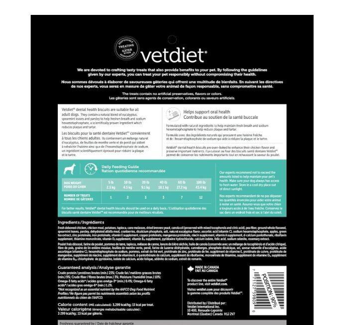 Vetdiet dog food packaging with nutritional information and ingredients listed clearly.