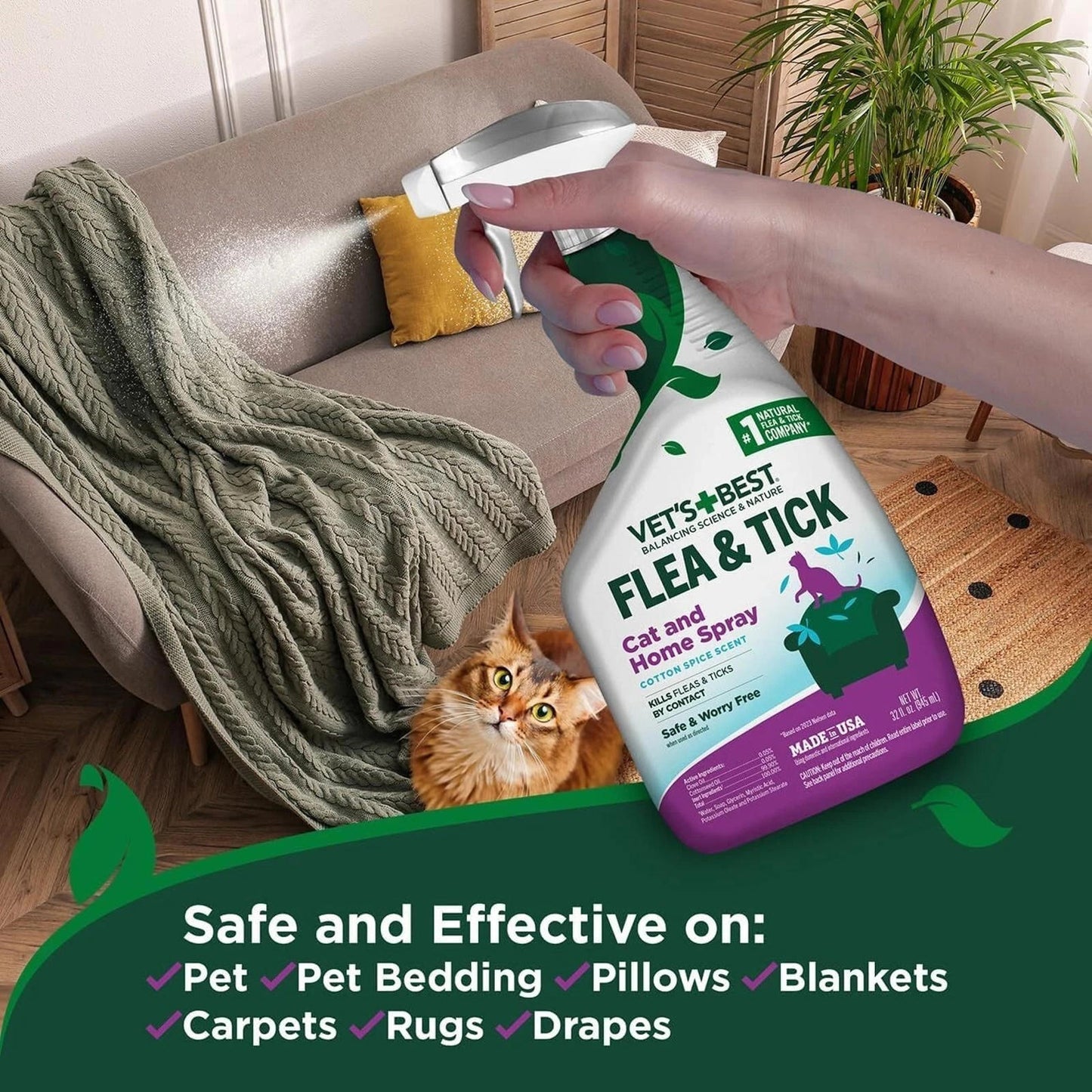 Vet's Best Flea and Tick Cat and Home Spray effectively eliminates pests on pet bedding, carpets, and drapes.