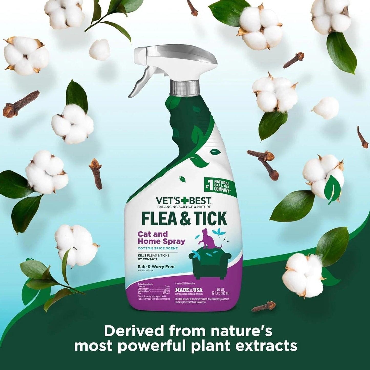 Vet's Best Flea & Tick Cat and Home Spray features a spray bottle with a green and purple design, made from plant extracts.