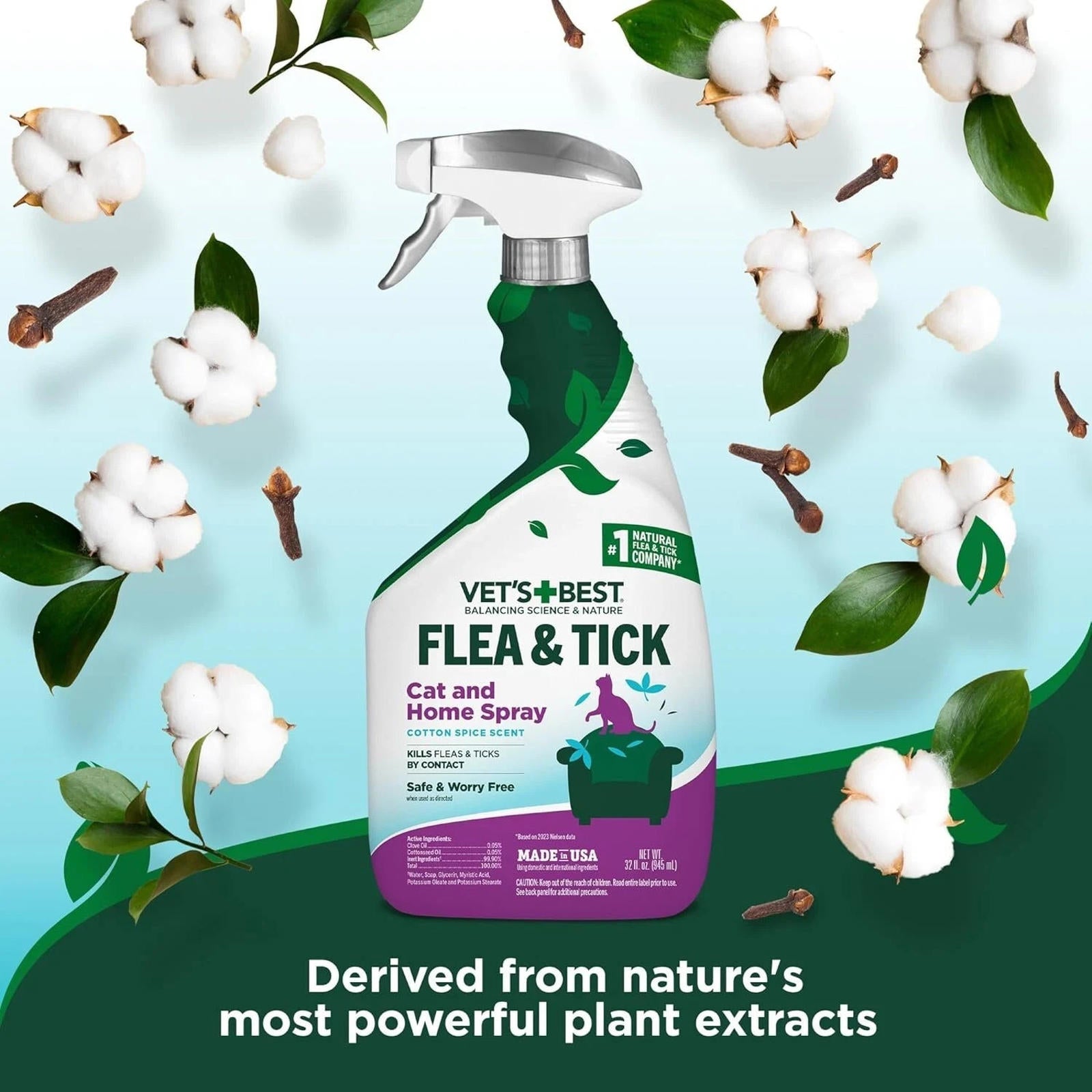 Vet's Best Flea & Tick Cat and Home Spray features a spray bottle with a green and purple design, made from plant extracts.