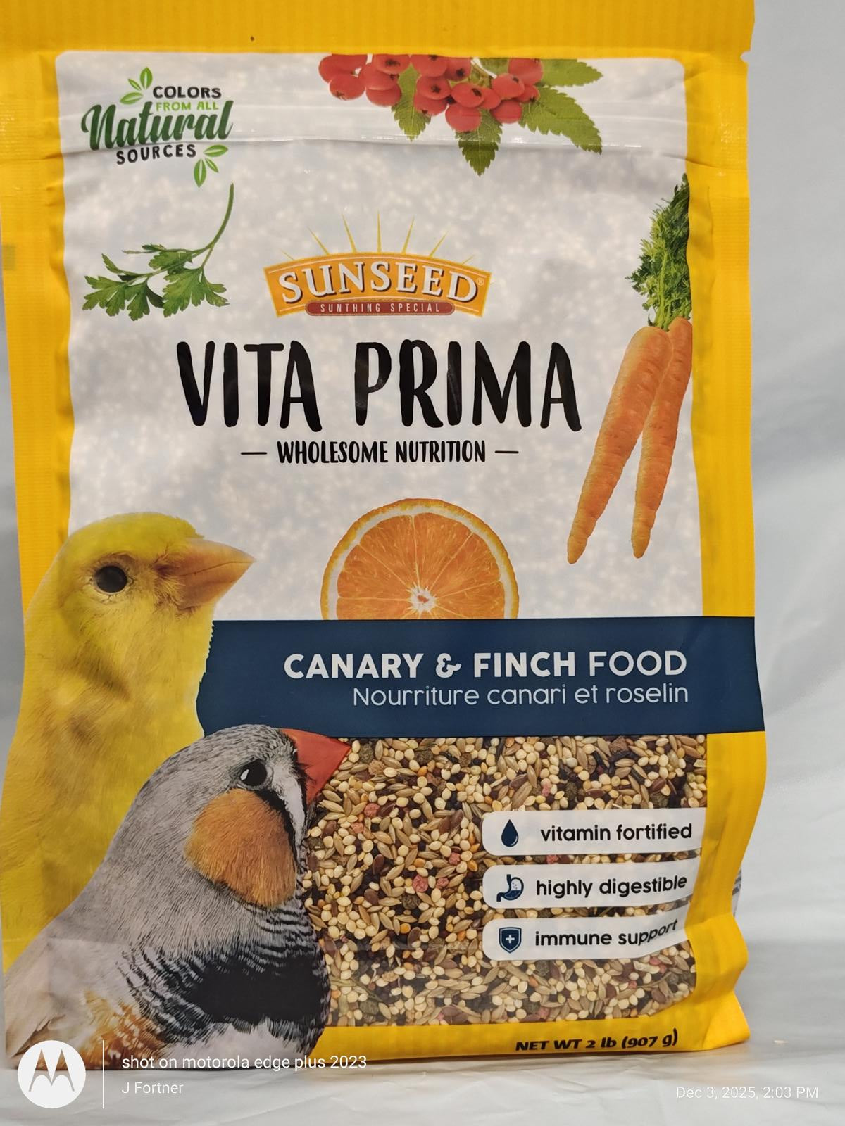 Vita Prima canary and finch food with vitamin fortification and high digestibility.