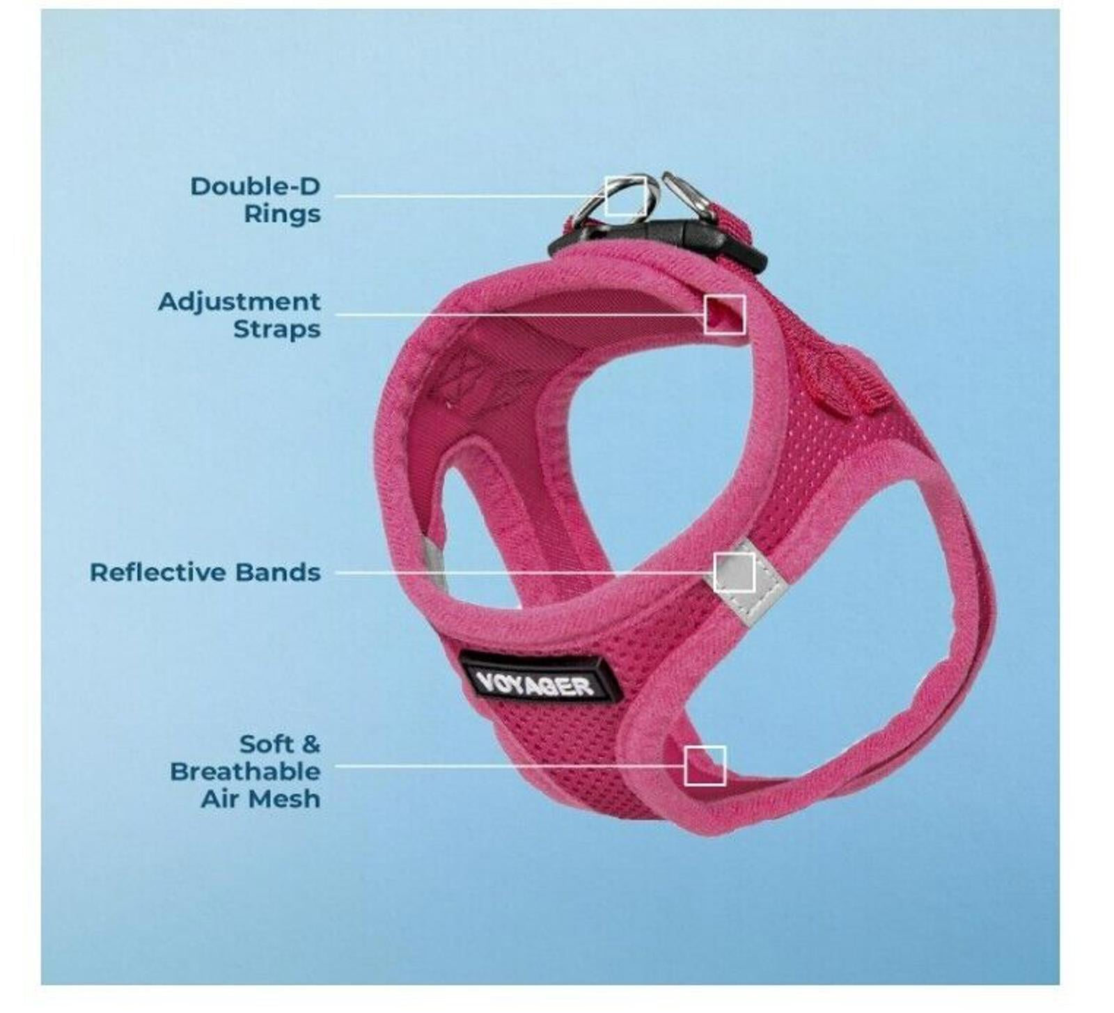 VONASSI dog harness in pink with double-D rings, adjustment straps, and reflective bands.