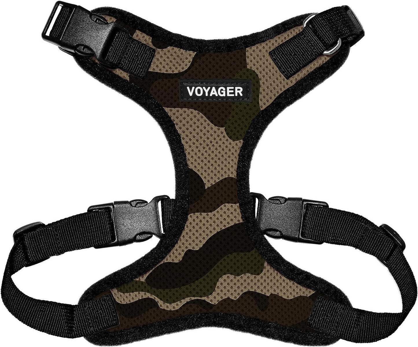 Voyager camouflage dog harness with adjustable straps and breathable mesh.