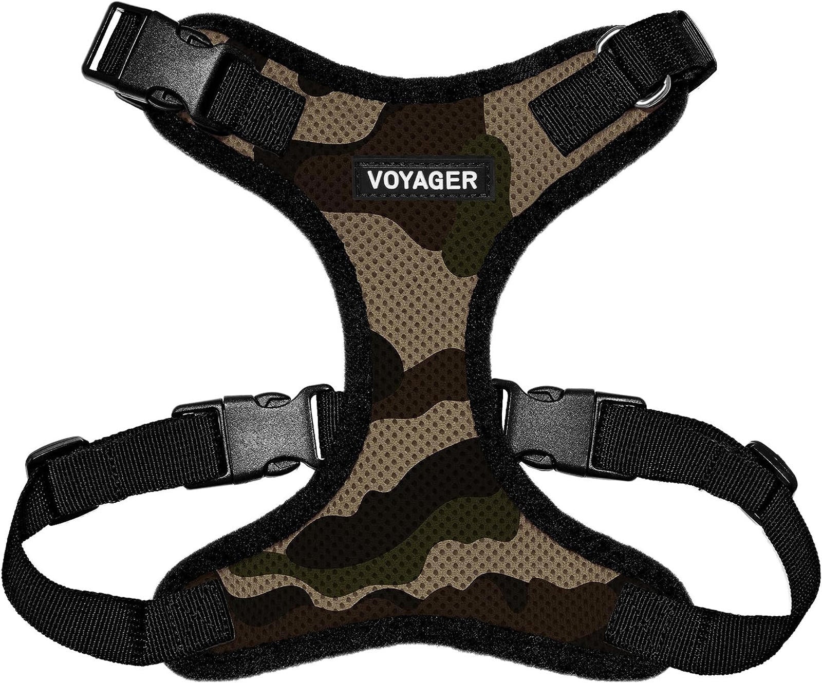 Voyager camouflage dog harness with adjustable straps and breathable mesh.