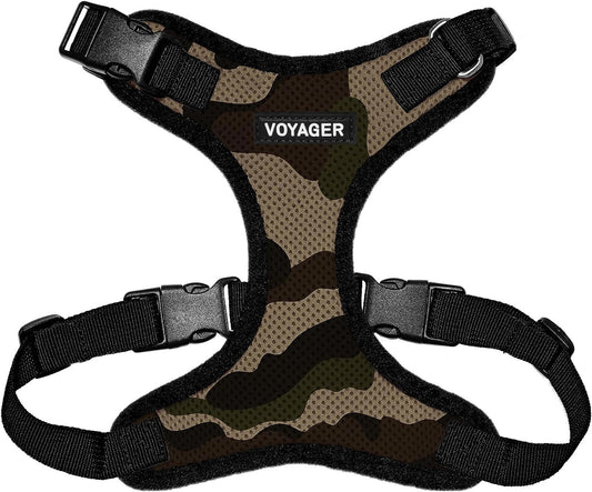 Voyager camouflage dog harness with adjustable straps and breathable mesh.
