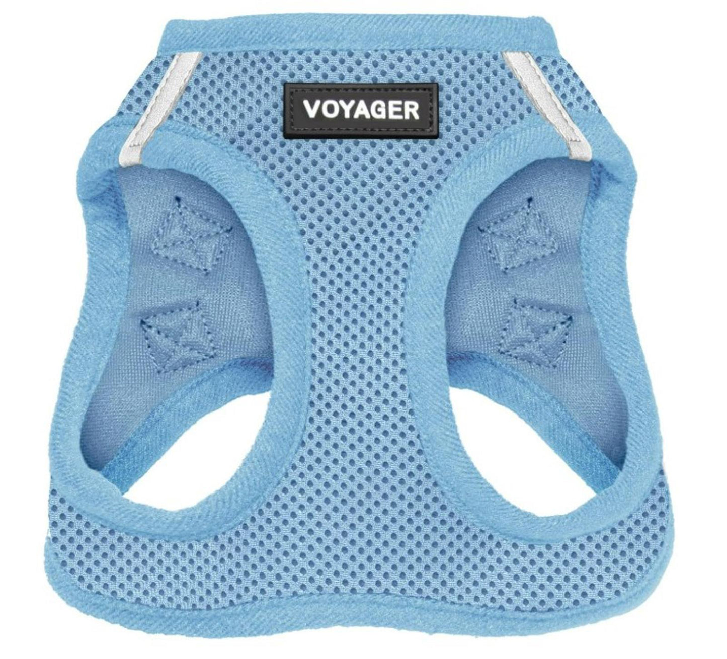Voyager dog harness in light blue color, featuring breathable mesh fabric and adjustable straps.