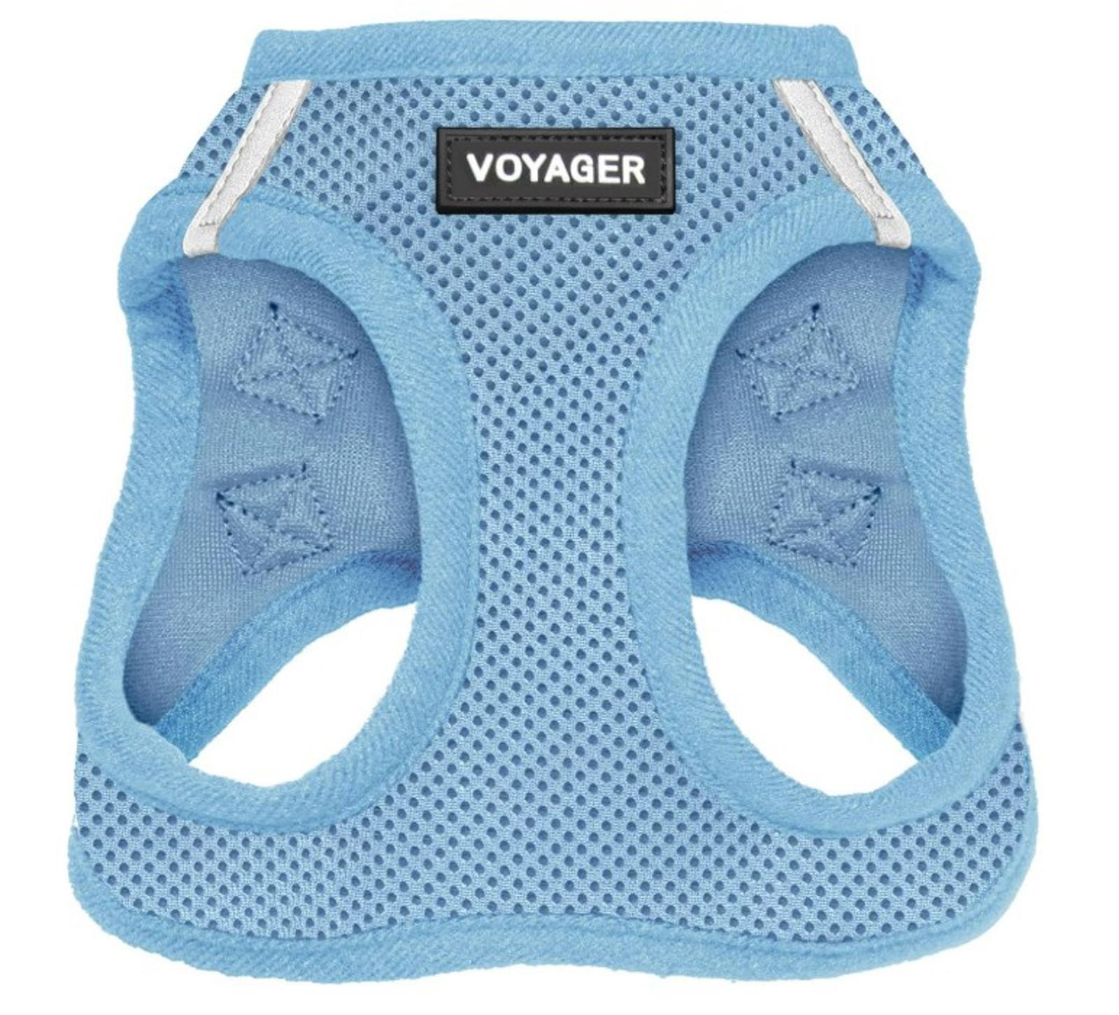 Voyager dog harness in light blue color, featuring breathable mesh fabric and adjustable straps.