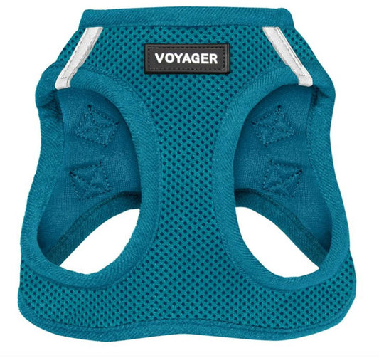 Voyager dog harness in teal color with breathable mesh design and adjustable straps.