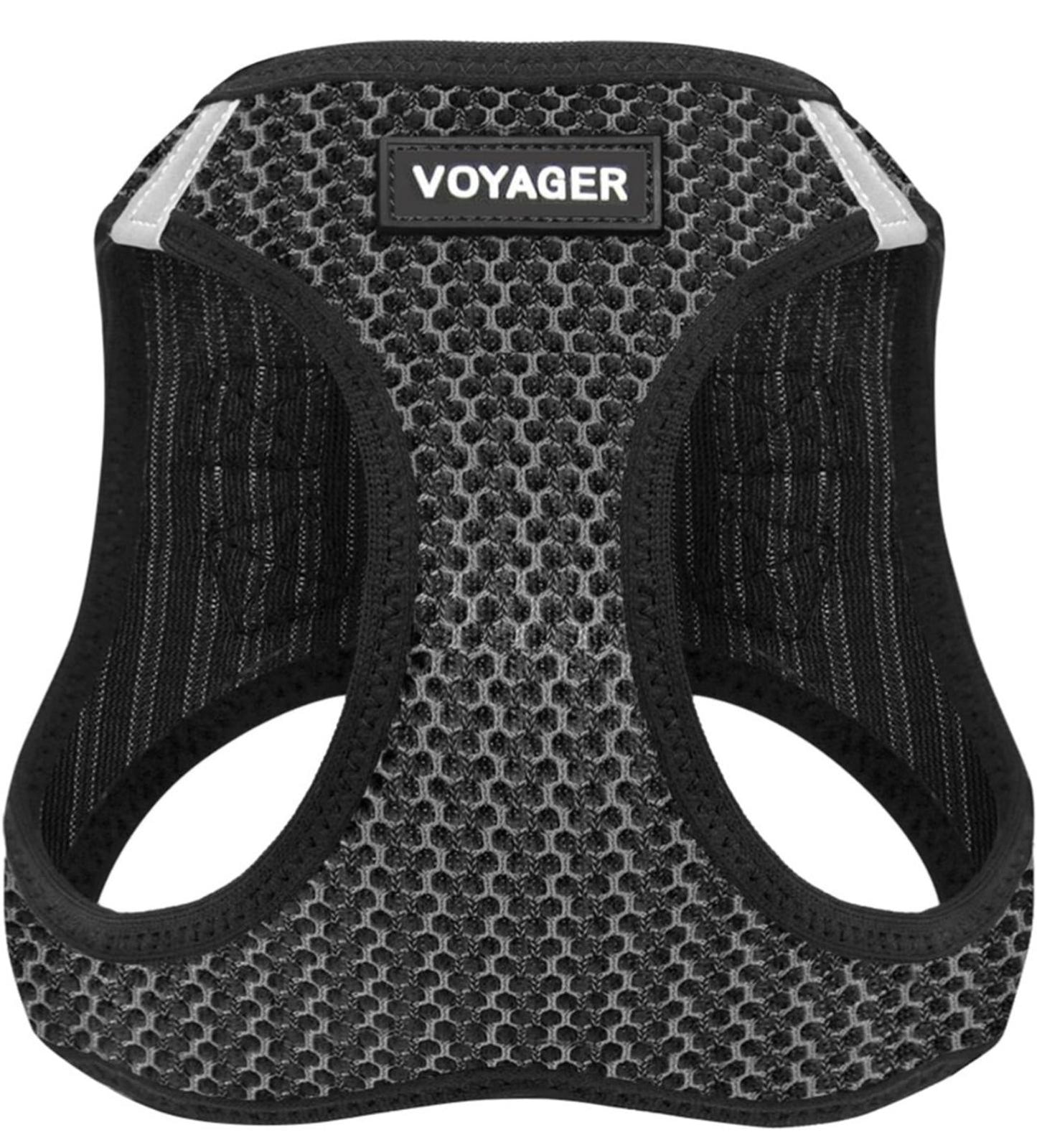 Voyager pet harness in black mesh design with adjustable straps for comfort.