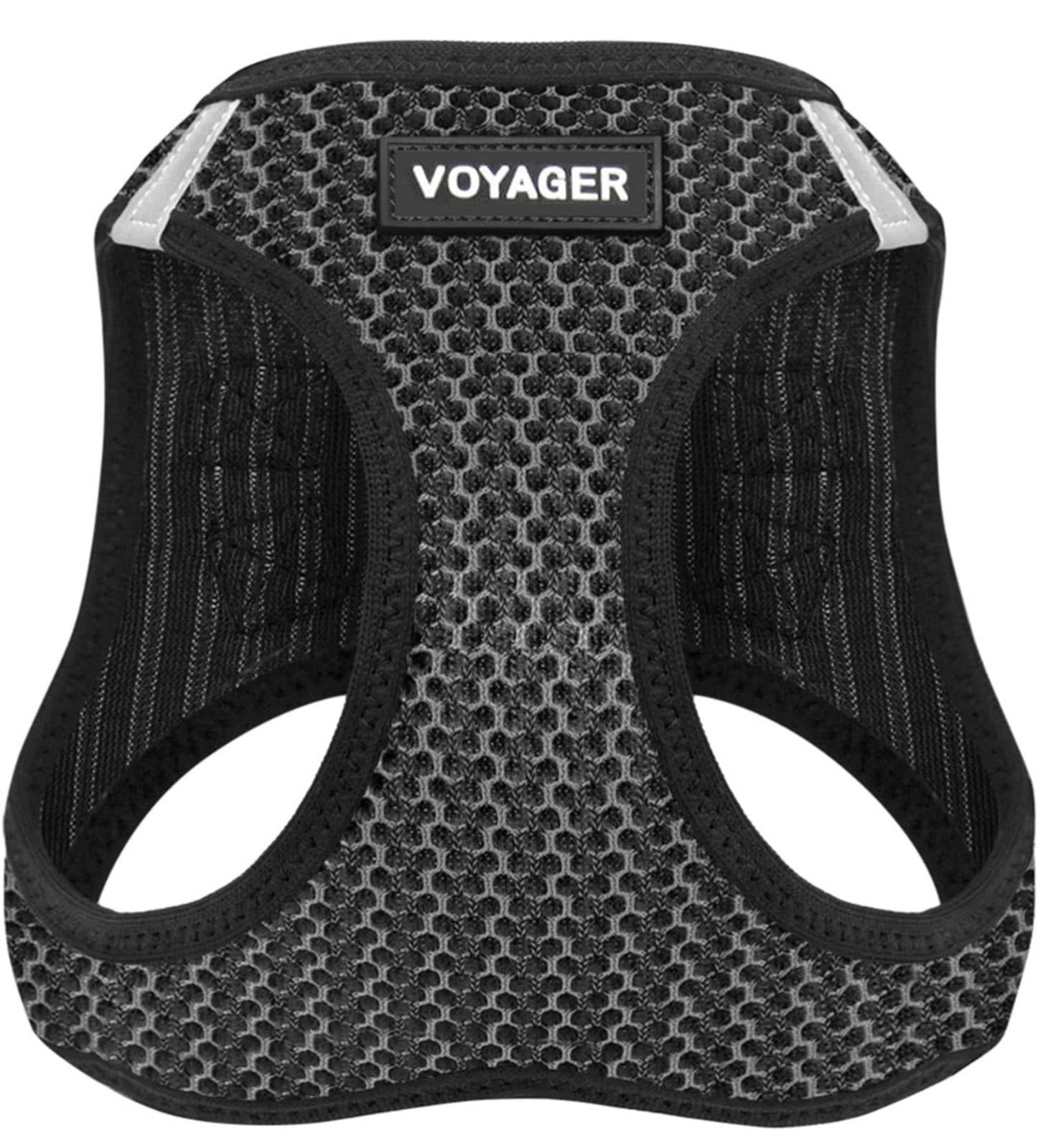 Voyager pet harness in black mesh design with adjustable straps for comfort.