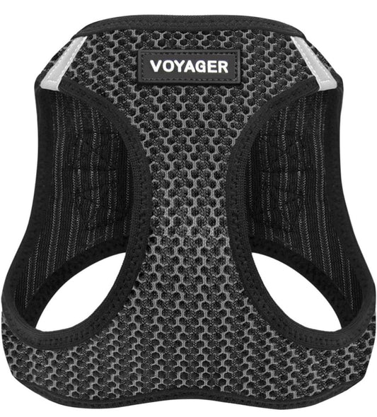 Voyager pet harness in black mesh design with adjustable straps for comfort.