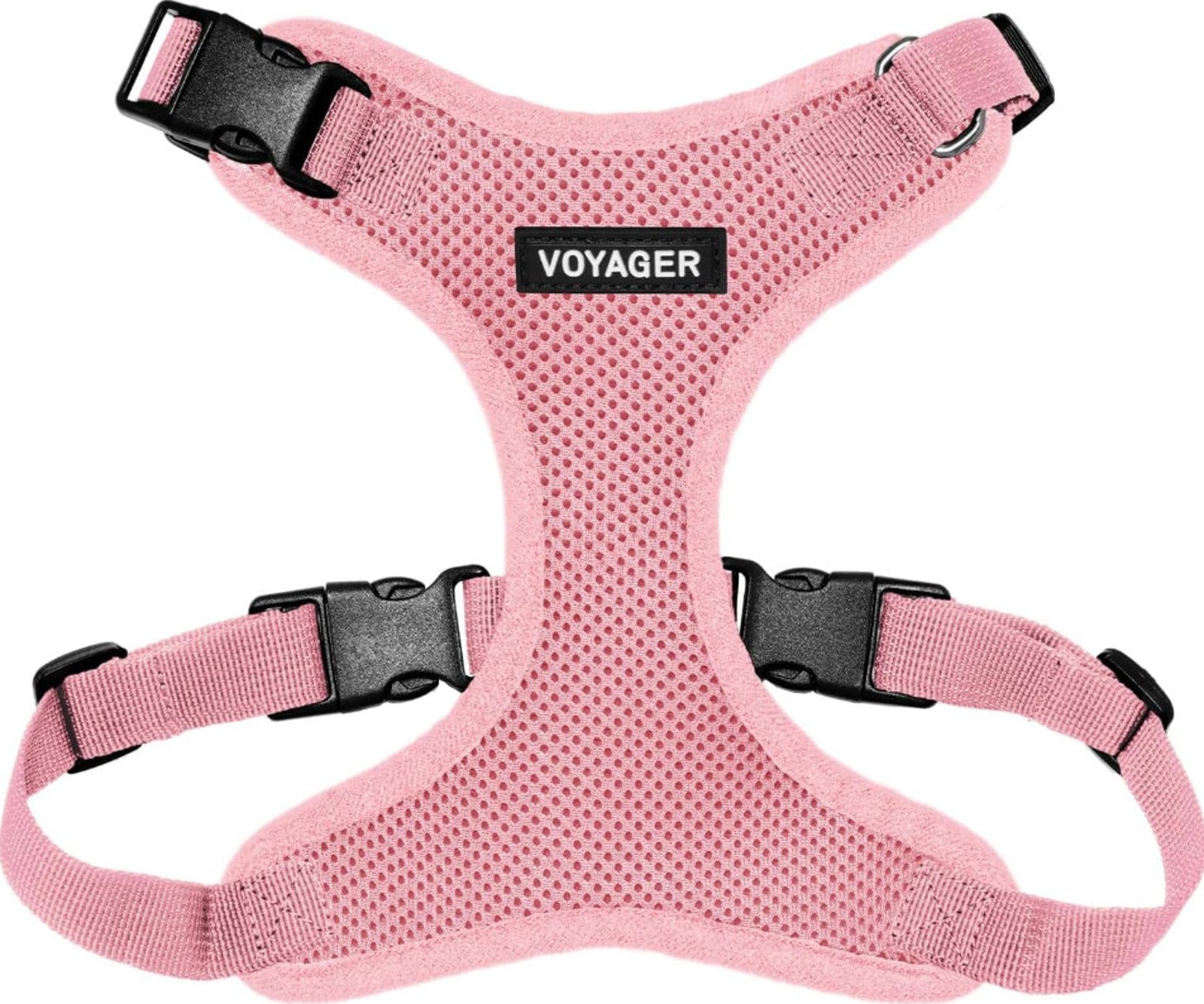 Voyager pink dog harness with breathable mesh and adjustable straps.
