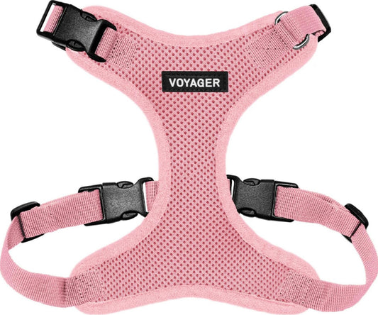 Voyager pink dog harness with breathable mesh and adjustable straps.