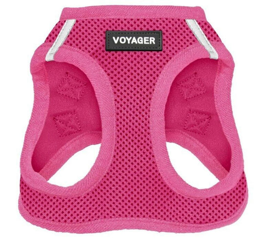 Voyager pink mesh dog harness with breathable fabric and adjustable straps.