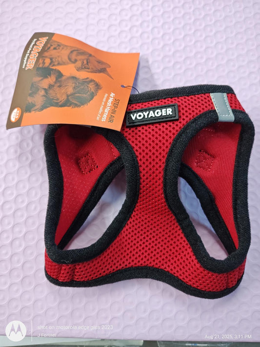 Voyager red mesh dog harness with adjustable straps and breathable design.