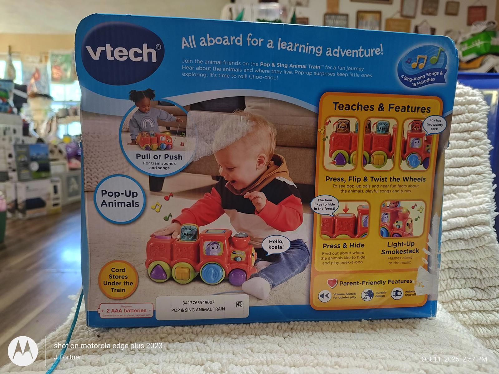 VTech Pull and Play Animal Train features colorful blocks and interactive elements for learning fun.