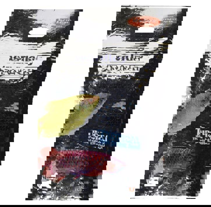 Wardley Advanced Tropical fish pellet food in a medium-sized package with colorful fish images.