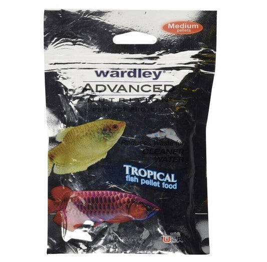 Wardley Advanced Tropical fish pellet food in a medium-sized package with colorful fish images.