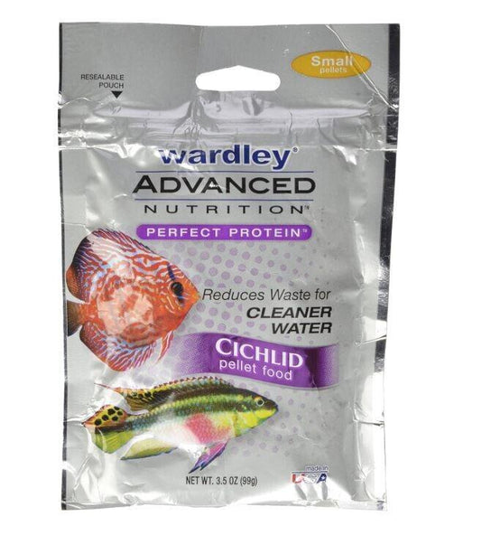 Wardley Advanced Nutrition Cichlid pellet food in a silver package, designed for cleaner water.