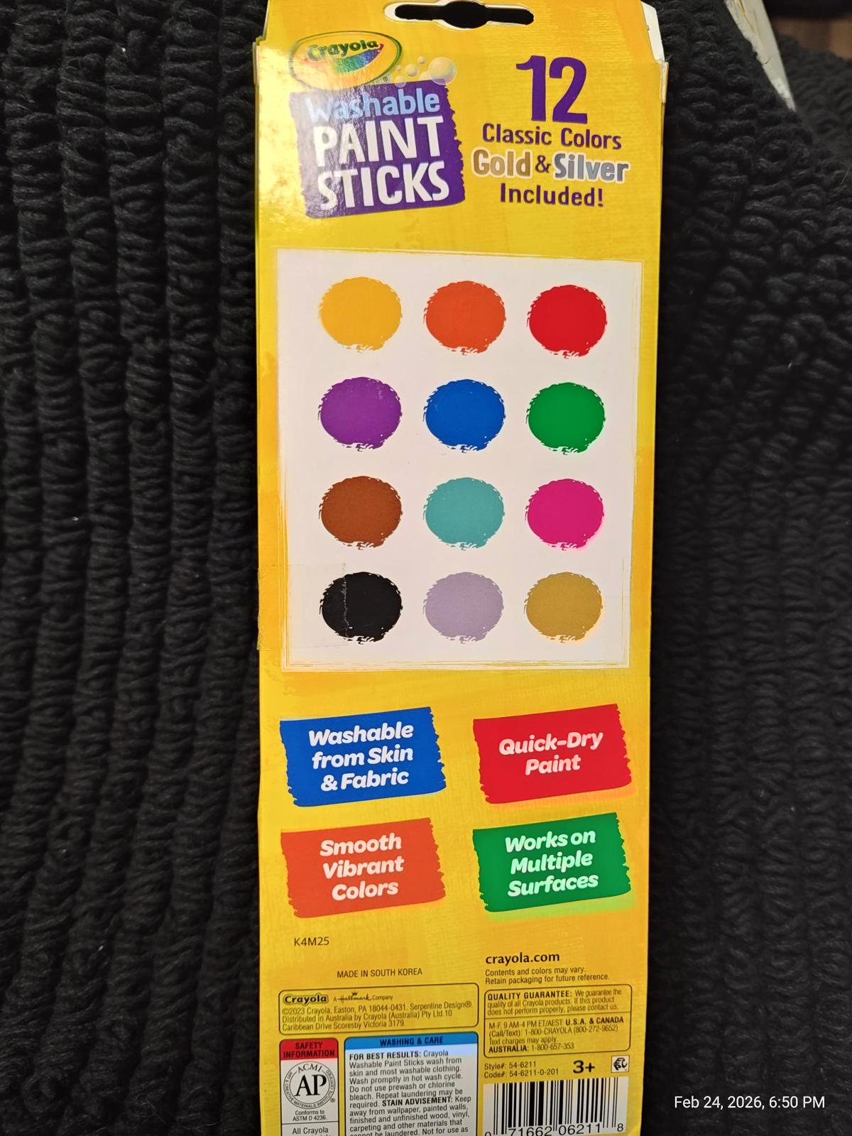 Washable Paint Sticks set featuring 12 classic colors including gold and silver, ideal for various surfaces.