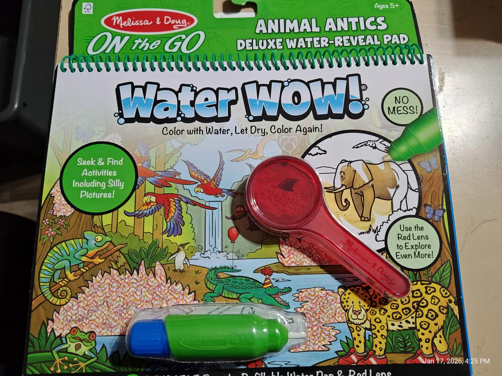 Water WOW! Animal Antics deluxe water-reveal pad with a red brush and green marker, featuring colorful illustrations.