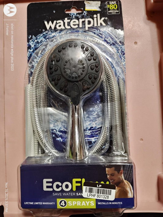 Waterpik EcoFlow showerhead with 4 spray settings for water saving.