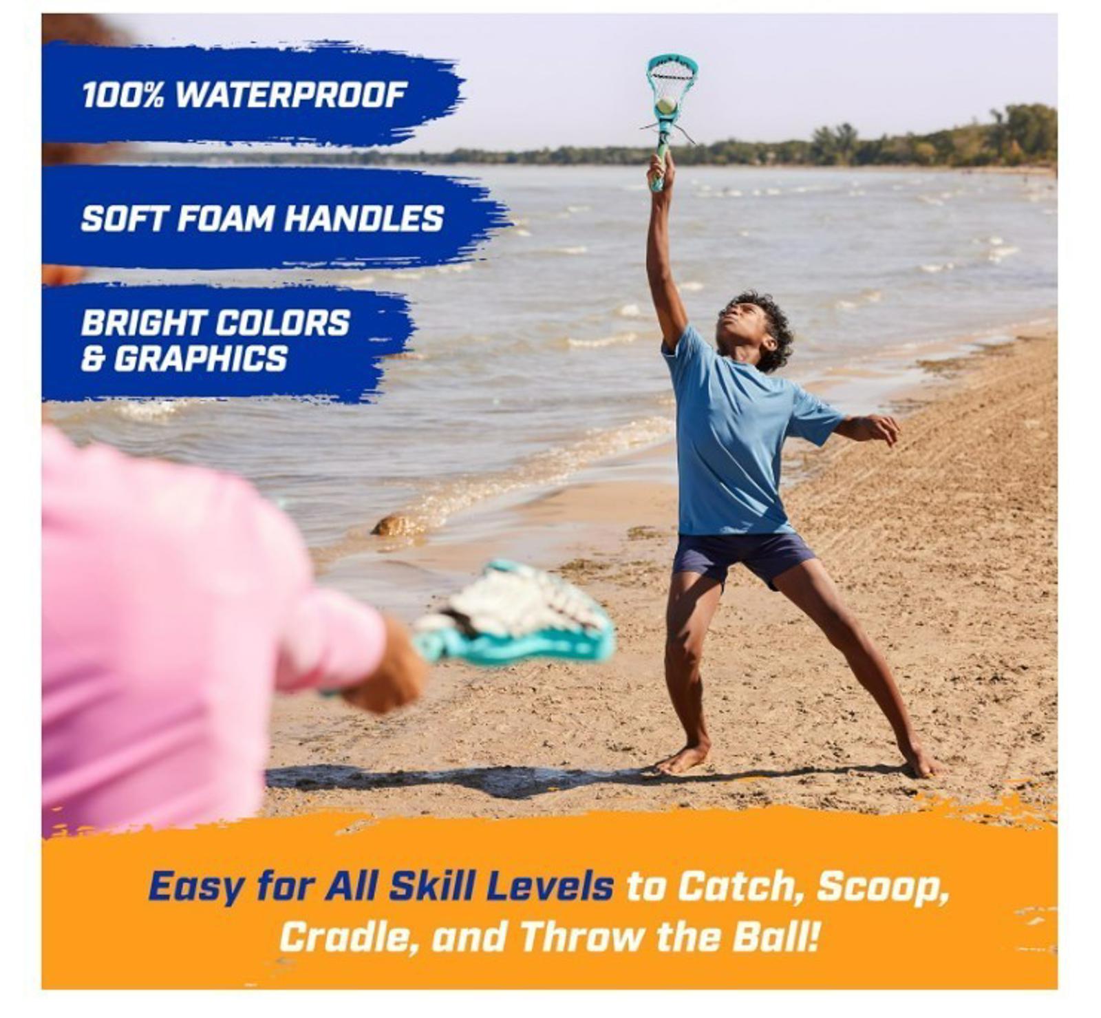 Waterproof beach toy with soft foam handles, designed for all skill levels to catch, scoop, cradle, and throw the ball.