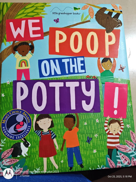 We Poop on the Potty book cover featuring colorful illustrations and diverse children celebrating potty training.
