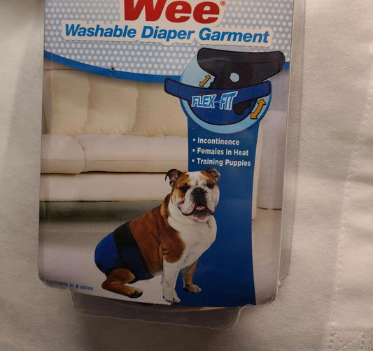 Wee washable diaper garment for dogs, featuring a blue design and flexible fit for comfort.