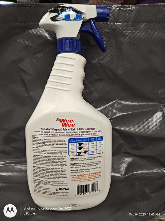 Wee-Wee Carpet and Fabric Stain and Odor Destroyer bottle with a blue trigger spray.