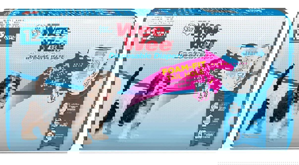 Wee-Wee Disposable Diapers for small dogs with foam-fit tail hole design.