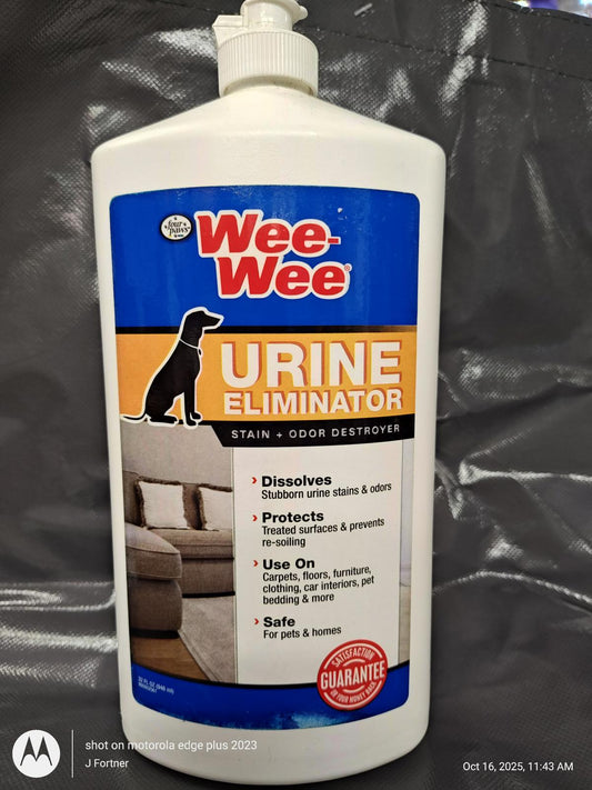 Wee-Wee Urine Eliminator effectively dissolves stains and odors on various surfaces.