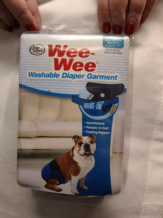 Wee-Wee washable diaper garment for dogs, featuring a flexible design and suitable for incontinence.