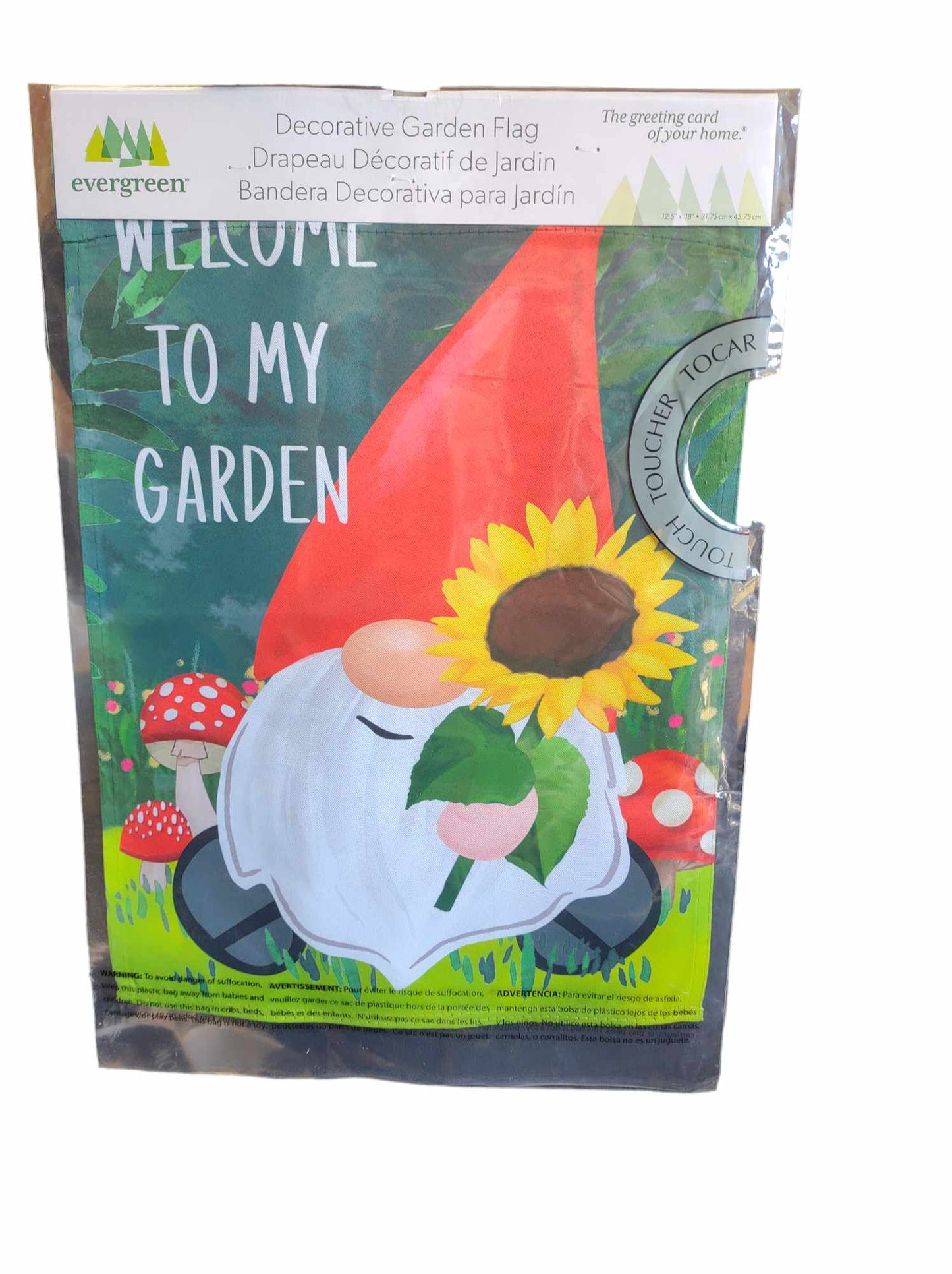 Welcome to My Garden decorative garden flag featuring a gnome holding a sunflower.