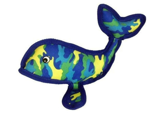 Whale plush toy in blue and green camouflage pattern with a friendly face.