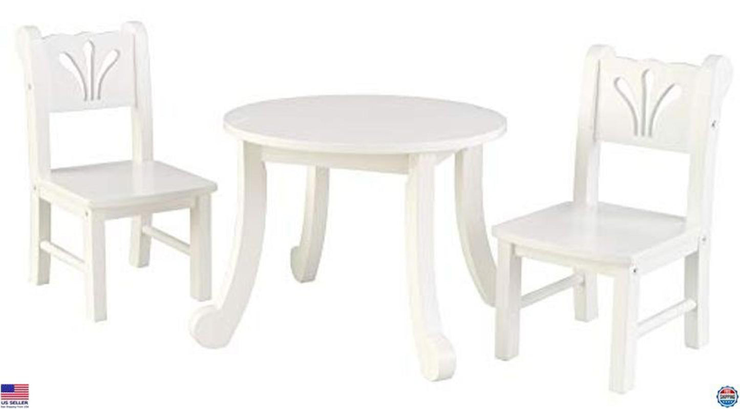 White Kids Table and Chairs Set featuring a round table and two matching chairs.