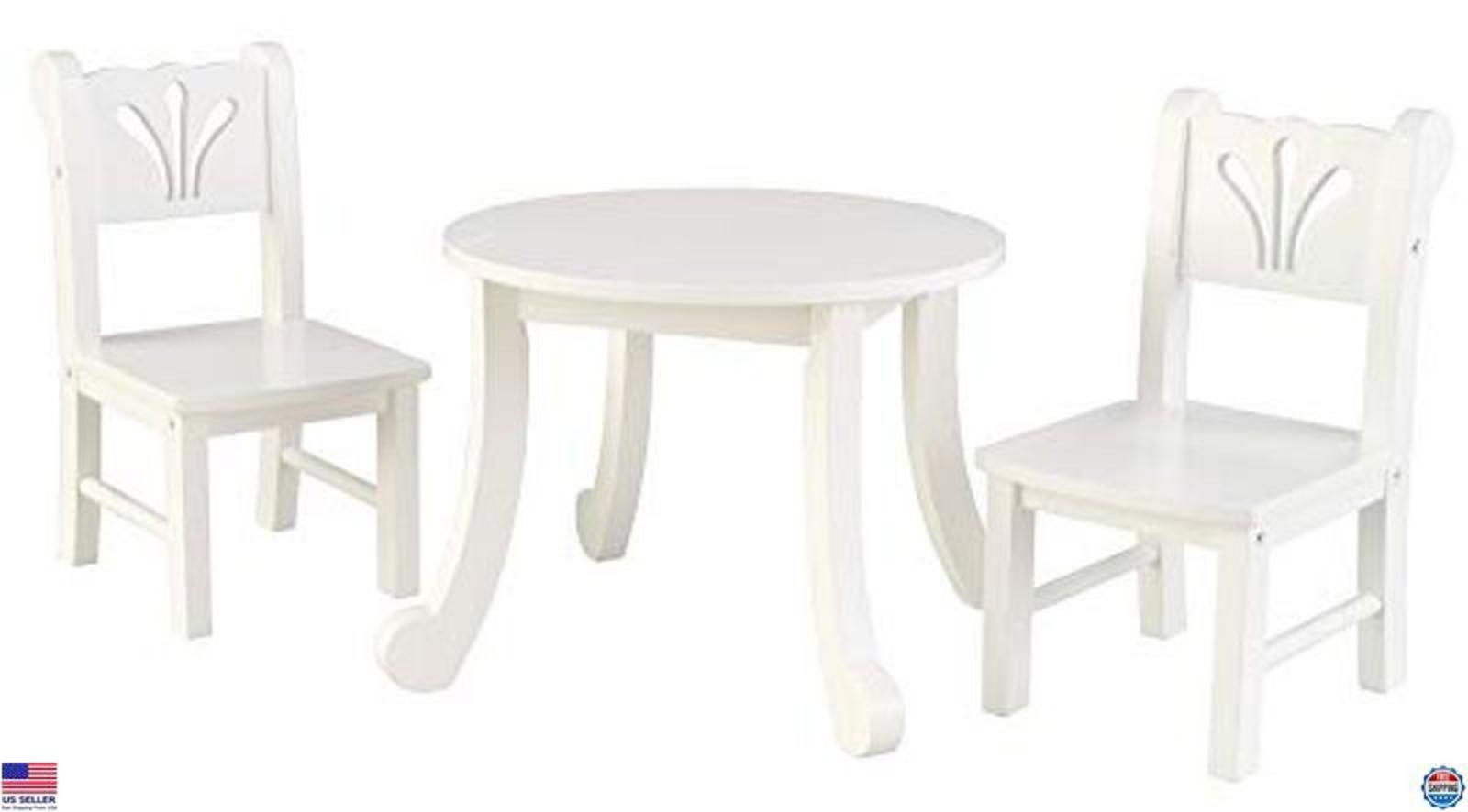 White Kids Table and Chairs Set featuring a round table and two matching chairs.