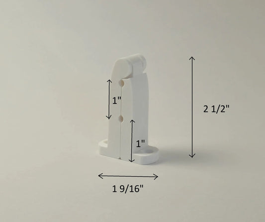 White plastic hinge with dimensions 1 9/16" x 2 1/2" for door applications.