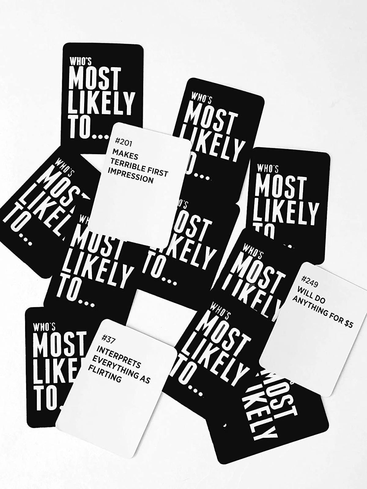 Who's Most Likely To... game cards featuring bold black and white text with various prompts.