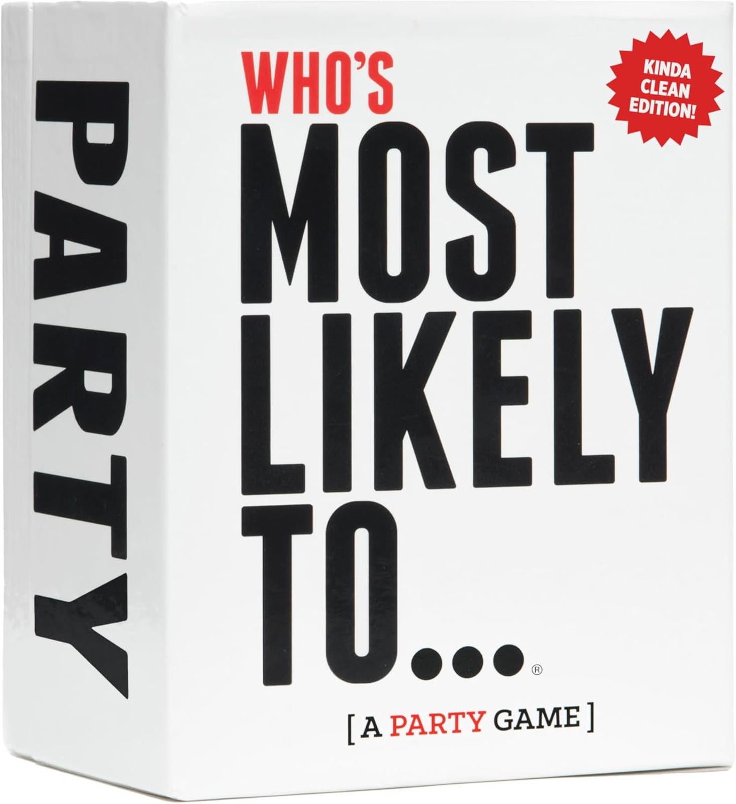 Who's Most Likely To... party game box featuring bold black text on a white background.