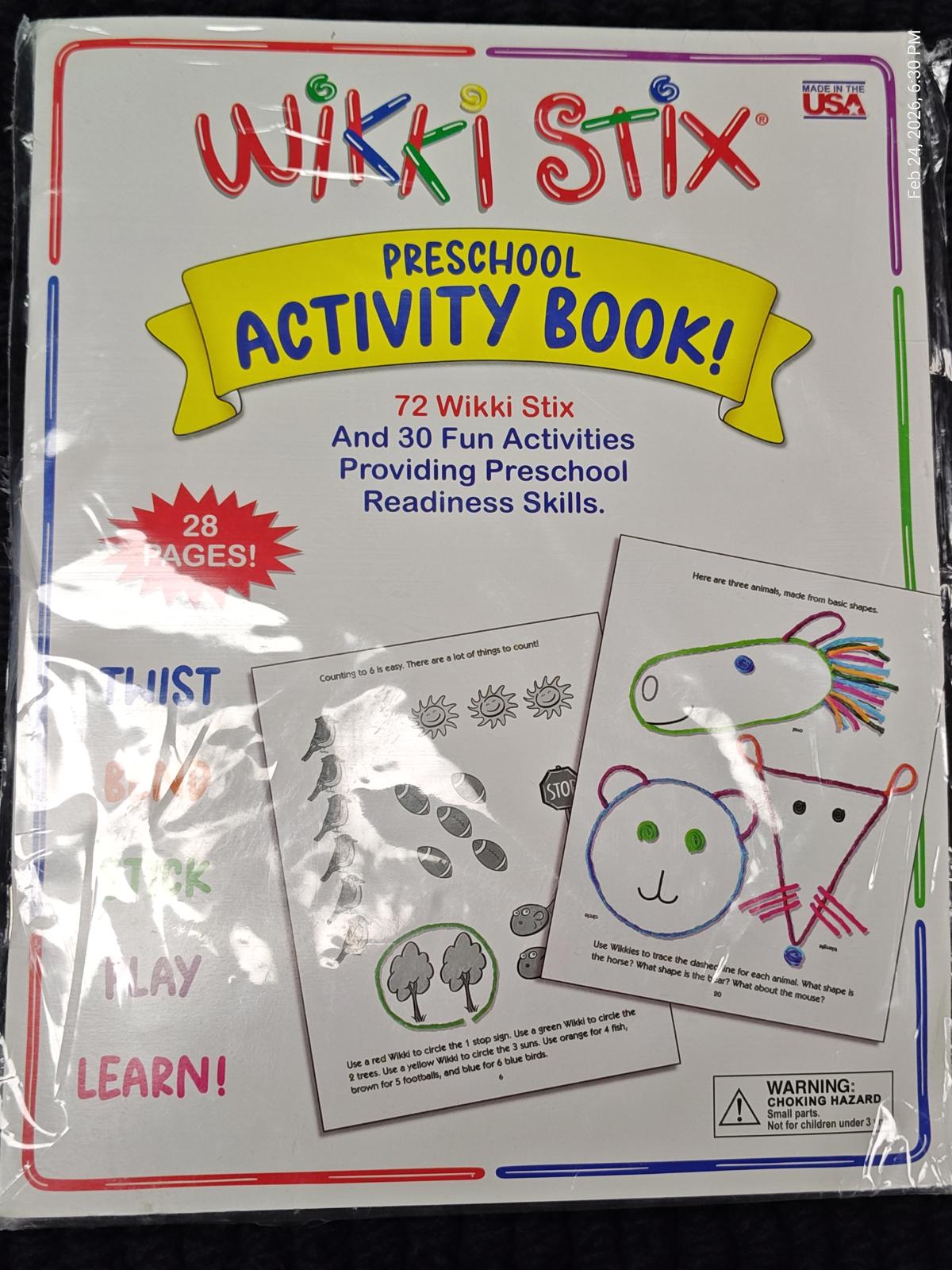 Wikki Stix Preschool Activity Book featuring 72 Wikki Stix and 30 fun activities for preschool readiness.
