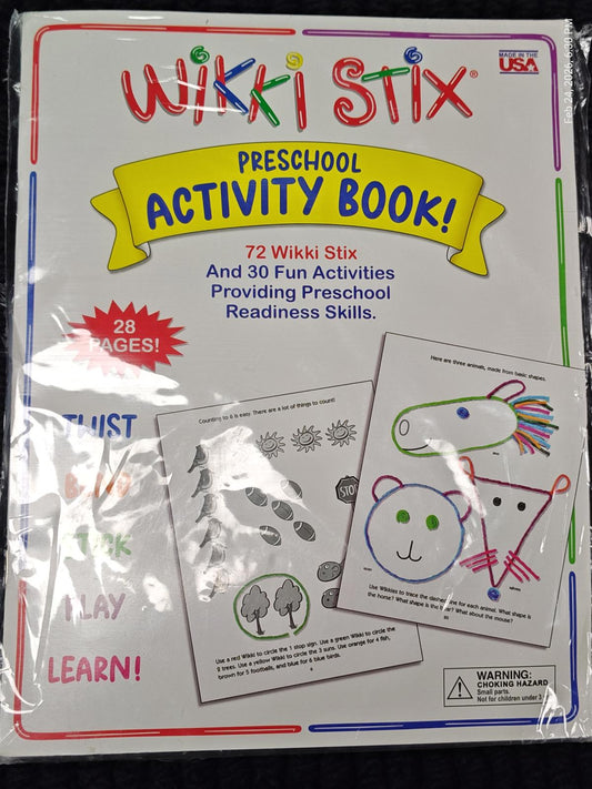 Wikki Stix Preschool Activity Book featuring 72 Wikki Stix and 30 fun activities for preschool readiness.