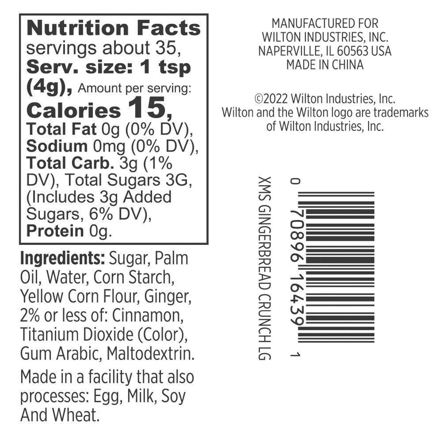 Wilton Gingerbread Crunch nutritional facts label showing ingredients and serving size.