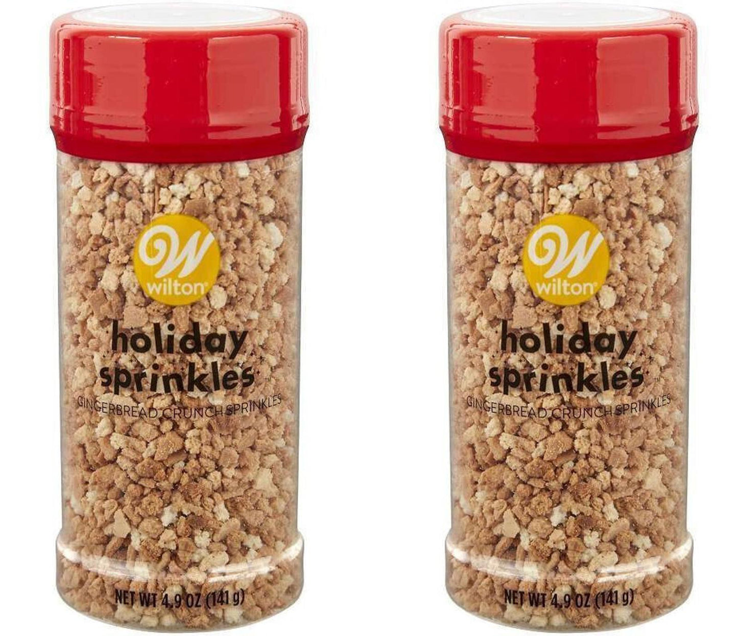 Wilton holiday sprinkles in two containers, featuring red lids and colorful sprinkles inside.