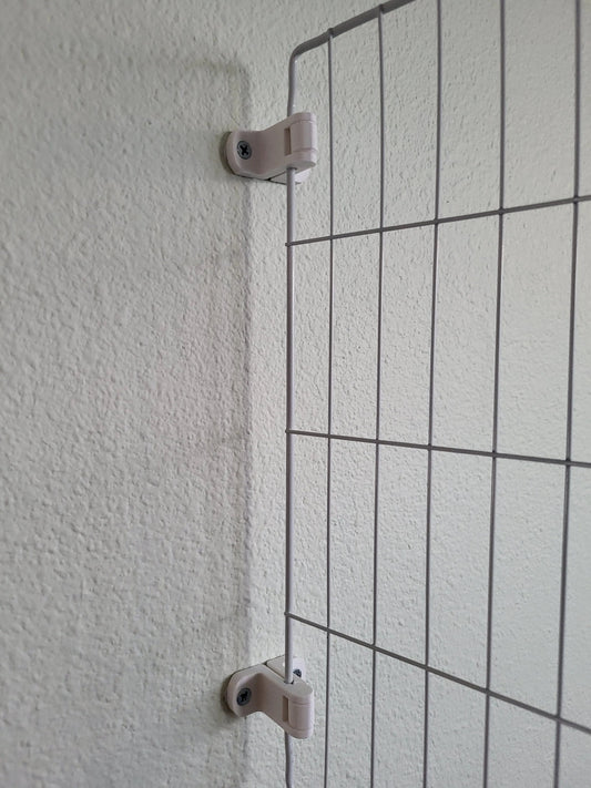 Wire grid panel connectors for wall-mounted organization.